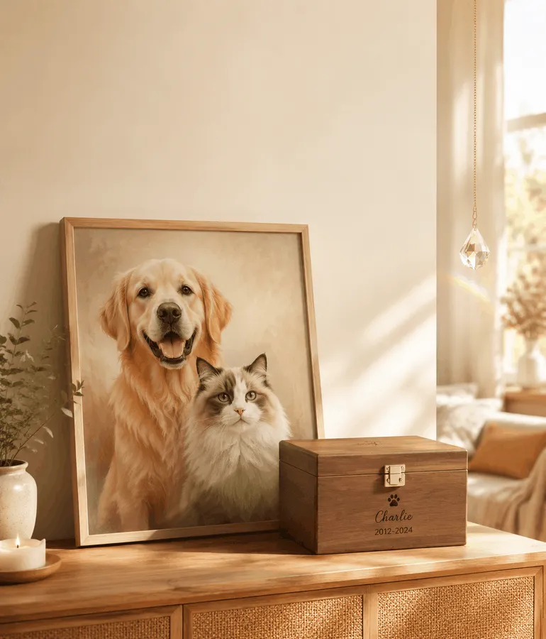 Custom pet portrait memorial gift - a beautiful framed artwork of a beloved pet on a cozy living room wall